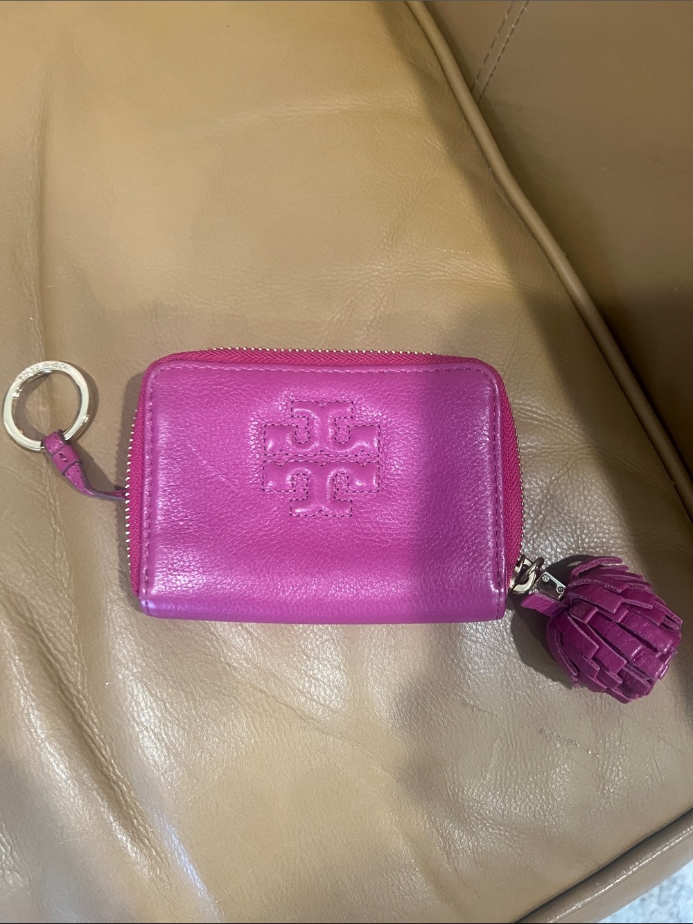 Tory Burch Pink Leather Zip Card Case with Tassel Keyring